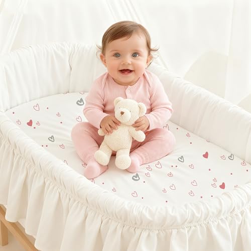 Image of Bassinet Sheets for Baby Girl 32 * 16, 3 Pack Soft Breathable Baby Bassinet Mattress Sheets Fit for Hourglass Oval Cradle, Moses Basket Rectangle Mattress (Rainbow, Pink)