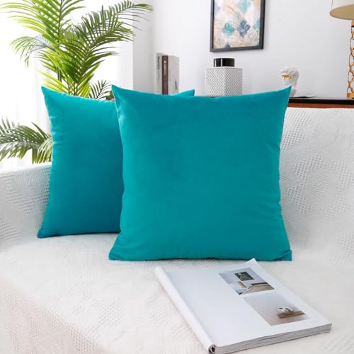 MoonRest - Pack of 2, Velvet Decorative Pillow Cover Set, Cozy Soft with Hidden Zipper Solid Color for Sofa Bedroom Car Couch Throw Pillow 18 x 18 Turquoise