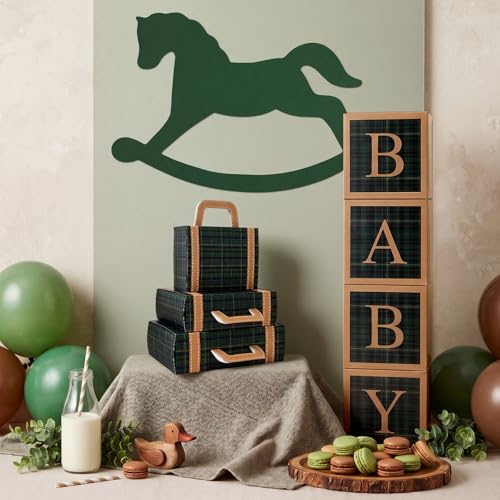 ReliThick 8 Pcs Green Tartan Baby Shower Decor Kit with 3 Pack Suitcase Boxes 4 Pack Baby Letter Boxes Rocking Horse Card Vintage Green Plaid Party Supplies for Birthday Party Decor by ReliThick - Image 5