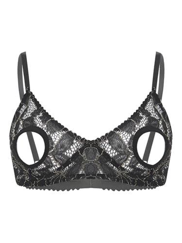 FEESHOW Damen Ouvert BH Nippelfrei Dessous Bügellos Transparent Spitze Bralette Push Up Cut Out Lingerie Bra Top Schwarz XL