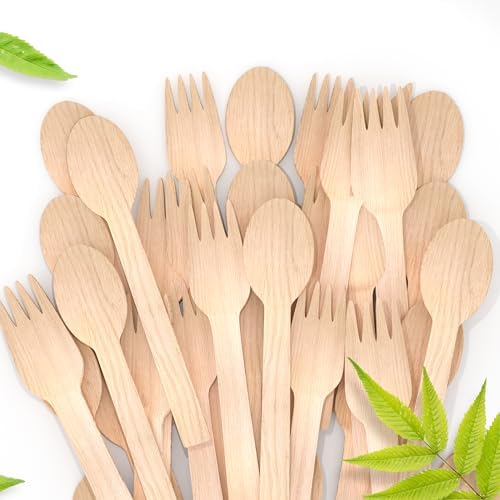 GULLAIIR 500PCS Disposable Wooden Cutlery Set [200 Spoons, 200 Knives, 100 Forks ] BPA Free Eco-Friendly Biodegradable Cutlery Set for Picnic Outdoor Parties (Pack of 500Pcs)