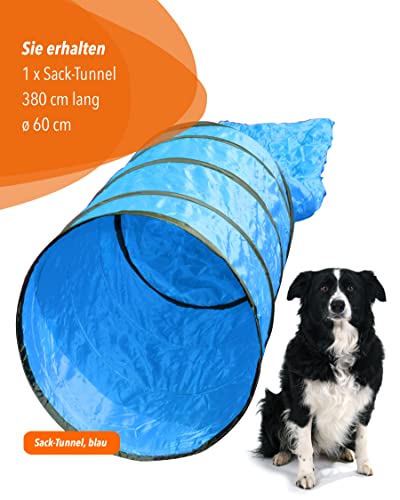 SPORTIKEL24 Agility Sacktunnel Blau – 3,80 m Länge, Ø 60 cm – Für Welpen & Anfängerhunde – mit Ösen, Heringen & Tragetasche – von Superhund