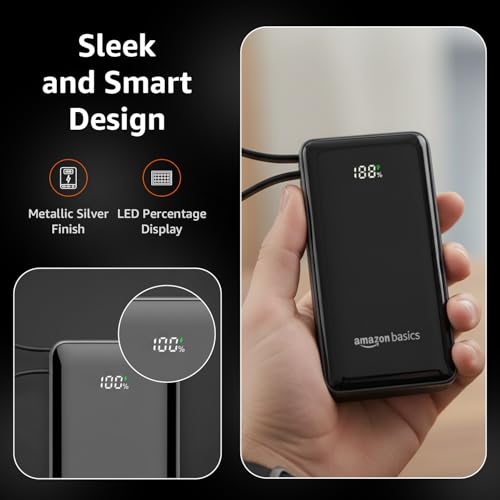 Image of Amazon Basics Power Bank, 10000mAh, 35W Nano, Built-in Type C Cable, 2 Ports - Metallic Silver