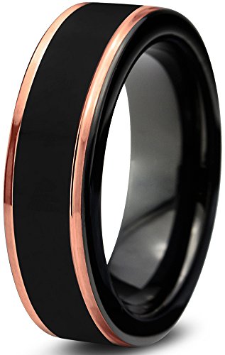 Midnight Rose Collection Tungsten Wedding Band Ring 8mm for Men Women 18k Rose Gold Plated Step Edge Black Brushed Polished Size 7