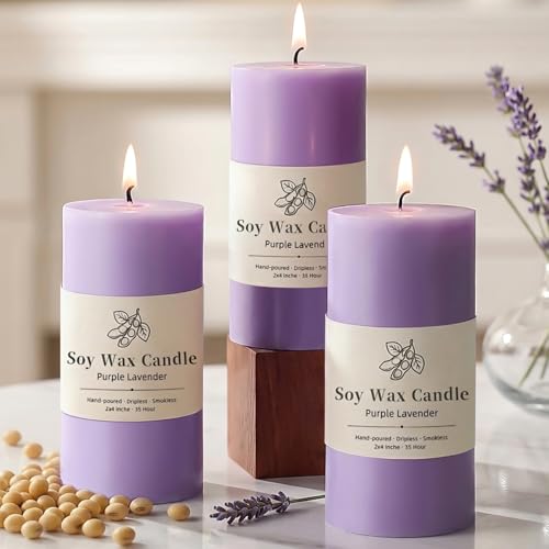 Uniteland Lavender Scented Soy Pillar Candles Set of 3, Purple
