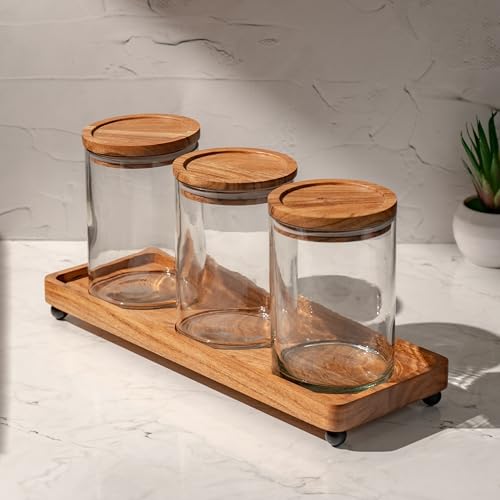 Image of Trine Storage Jar Set - Glass & Acacia Wood with Tray - Multipurpose Storage for Kitchen & Decor (Set of 3)