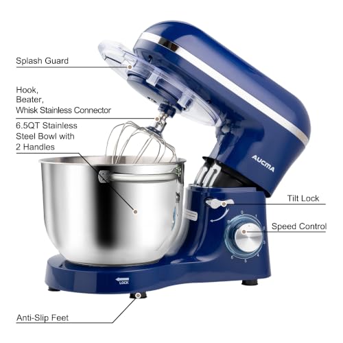 Image of Aucma Stand Mixer,6.5-QT 660W 6-Speed Tilt-Head Food Mixer, Kitchen Electric Mixer with Dough Hook, Wire Whip & Beater (Royal Blue, 6.5QT)
