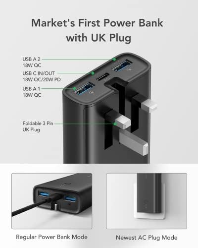 Charmast 10000mAh Power Bank with AC Plug, PD 20W USB C Power Delivery Quick Charge QC 3.0 USB C Battery Pack with Foldable Built-in AC Wall Plug Compatible with iPhone iPad Samsung and More