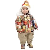 [GrinLab] [グリンラボ] ジャンプスーツ スノーコンビ ベビー キッズ 中綿入り 撥水加工 男の子 女の子 トラッド チェック パッチワーク風 総柄 ダッフル 前開き B：オレンジ 80cm