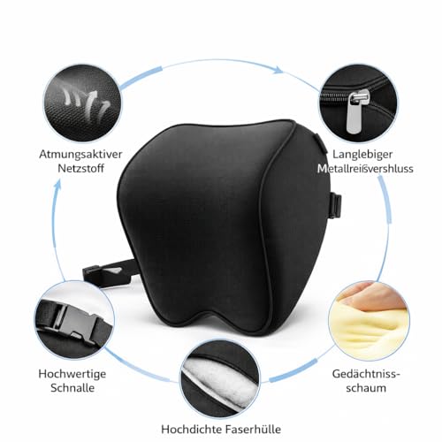 Generisch 2-Pack Auto Nackenkissen, Weichheit Auto Kopfstütze Kissen zum Fahren mit verstellbarem Riemen, 100% Memory Foam und atmungsaktiver Abnehmbarer Abdeckung (Black)