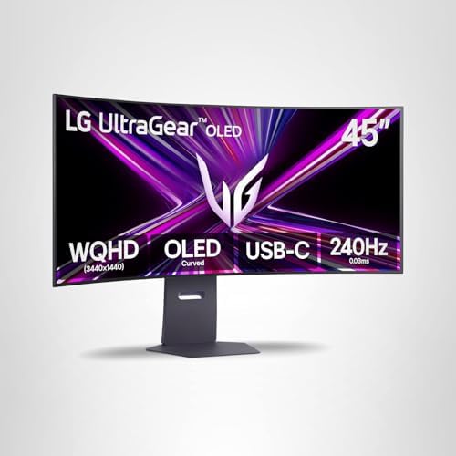 LG 45GX900A-B 45-Inch Ultragear WQHD (3440 x 1440) OLED Curved Gaming Monitor, 240Hz, 0.03ms, NVIDIA G-Sync, VESA DisplayHDR True Black 400, HDMI 2.1, DisplayPort, USB Type-C PD 65W, Black | HDMI 2.1, DisplayPort, USB Type-C PD 65W, 240Hz, NVIDIA G-Sync, VESA DisplayHDR True 400, (3440 x 1440), 0.03ms