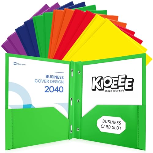 KIOEEE Plastic Folders with Pockets and Prongs (12 Pack,Multi-Colored),Fit Letter Size Paper,Business Card Slot,2-Pocket Folder for School Office or Home,Durable Acid-Free Poly,Back to School Supplies