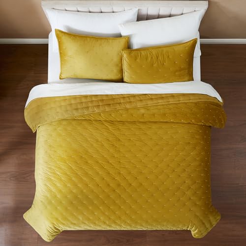 Image of Lush Decor - Quilt Set, 3-Piece Cozy Velvet Bedding with Matching Shams, Embroidered Stitch Design (Haven Mineral Yellow, Full /Queen)