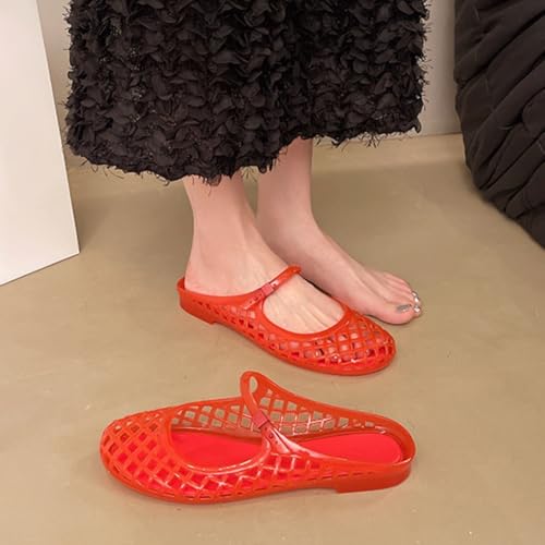 Image of Jelly Mesh Ballet Flats for Women Clear Hollow Jelly Shoes Sandals Round Toe Non-Slip Beach Ballerina Jellies Flats Shoes