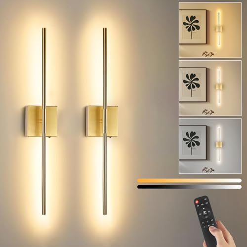 Image of Battery Operated Wall Sconce Set of Two with Remote Control, Rechargeable & Dimmable Wireless, Easy Install Peel and Stick, Timer Function, Wall Lights for Living Room, Bedroom, 28.3 inch (Brass)
