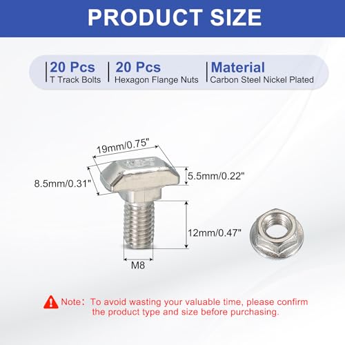 Image of PATIKIL M8 x 14 mm T-Slot Bolts, 20 Sets Drop-in Bolt Hammer Head with Hexagon Flange Nuts T-Bolt Stud Sliding Screw for 45 Series Aluminum Extrusion Profile, Silver