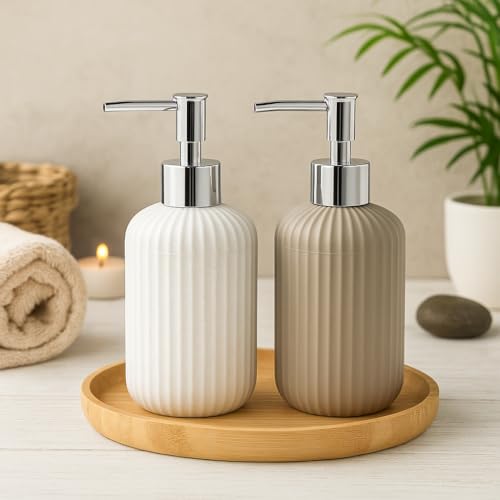 Image of LAGET 300ml Soap Dispenser for Wash Basin -Ribbed Design | Kitchen and Bathroom Accessories Items | Liquid Handwash Dispenser Bottle Chrome Finsih Top- Set of 2 (White and Grey)