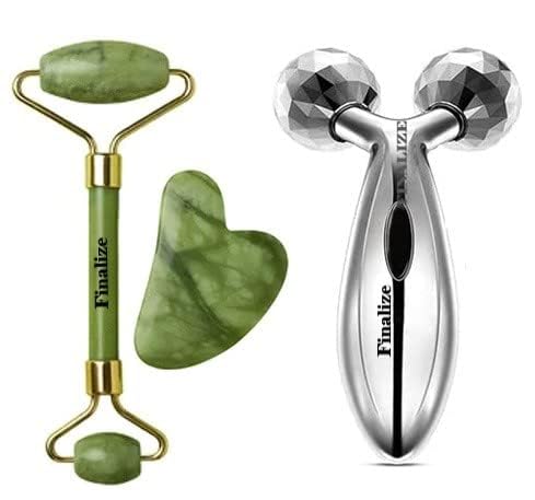 Finalize 3D Manual Roller Face Body Massager With And Anti Aging 100% Natural Jade Stone Roller Msagger With Gua Sha Tools for Face and Body Massager (3D + Stone,)