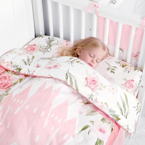 Image of TANOFAR 4-Piece Crib Bedding Set for Baby Girls, Floral Castle Nursery Bedding Set Includes Comforter, Fitted Crib Sheet, Crib Skirt, and Diaper Stacker, Pink