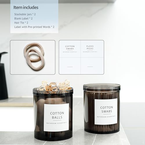 SheeChung Qtip Holder Dispenser Stackable Apothecary Jars with Storage Lids for Cotton Swabs, Balls, Pads, Floss Picks-2 Pack Acrylic Canister Black Bathroom Accessories Decor, Vanity Organizer (12oz)4