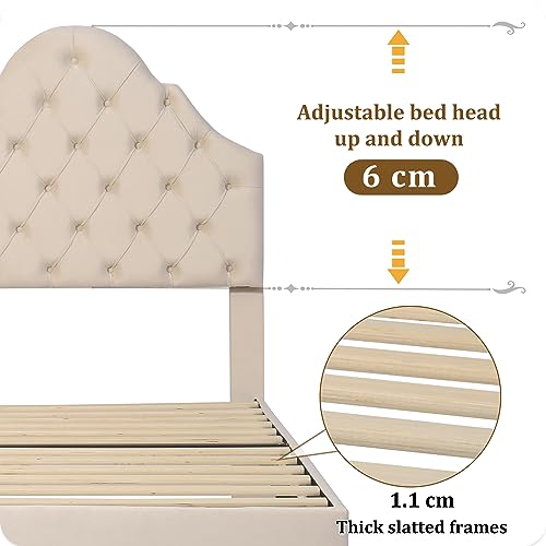 Velvet Upholstered Single Bed Frame with Adjustable Heigh Headboard for Bedroom 3FT Princess Day Bed (Beige Single)