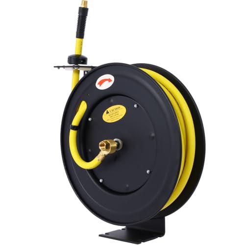 Retractable Air Hose Reel, 3/8" Inch x 50' Ft Steel Dual Arm Auto-Retractable Air Hose Reel, Wall Mount Auto Rewind Hose-Reel, Industrial Grade Rubber Hose 300 Max PSI
