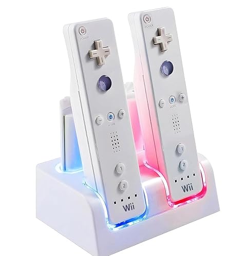 Charging Dock Charger Station for Wii, 4 Port Remote Controller Charger with 4pcs 2800mAh Rechargeable Batteries (White)