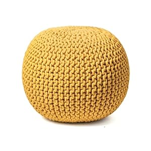 FRELISH DECOR Round Pouf Ottoman Hand Knitted 100% Cotton Pouf Foot Stool – Knitted Bean Bag – Floor Chair for Living Room Bedroom – Foot Rest for Couch (20 Diameter x 14 Height) – Yellow