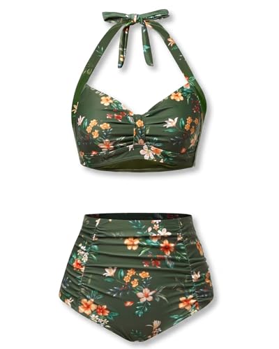 Image of Holipick Women High Waisted Bikini Set Two Piece Swimsuit Tummy Control Bathing Suit Vintage Halter Swimwear