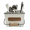 Metal Storage Caddy with 4 Compartments and Handle Farmhouse Utensil Organizer for Kitchen Distressed White and Black