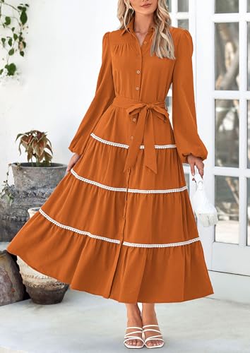 PRETTYGARDEN Womens Casual Dresses Loose Belted Long Lantern Sleeve Tiered Button Down Maxi Shirt Dress with Pockets4