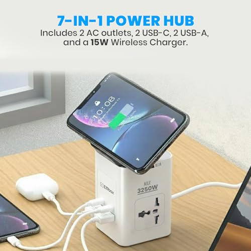 Image of Embox 7-in-1 Gan Charger 65W Fast Charger | Type C USB 2 AC Sockets (2500W) Wireless Fast Charging | Multi-Port Desktop Charger for Laptop, iPhone, Android, Portable Charging Station, White