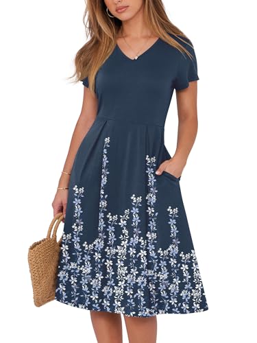 Image of ANRABESS Women Summer Dress Casual Short Sleeve V Neck A-Line Knee Length Pleated Flowy 2026 Fashion Midi Dresses with Pocket