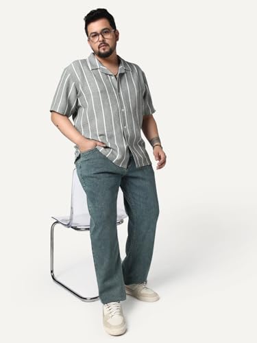 Image of Urbano Plus Men's Cotton Half Sleeve Relaxed Fit Linen Striped Shirt with Cuban Collar