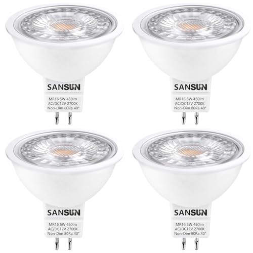 SANSUN 5W MR16 LED Landscape Light Bulbs, Low Voltage 12V 50W Halogen Replacement for Outdoor Landscape Spotlight and Indoor Track Light, GU5.3 Bi-Pin Base, Warm White 2700K, Non-Dimmable (Pack of 4)