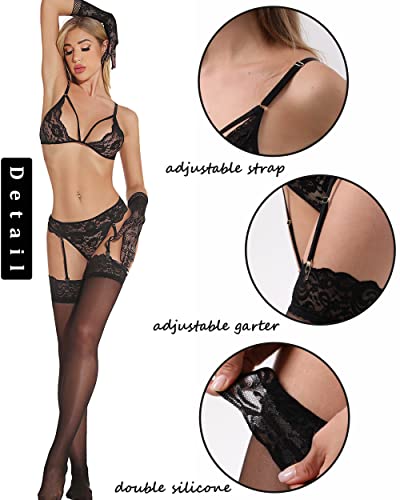 Women Lingerie with Stockings and Gloves,Garter Belt Lingerie Set Black M