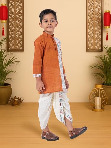 Image of Kids Ethnic Wear - Stylish Half Printed & Vibrant Color Pure Cotton Kurta with Elastic Waist Dhoti Set for Boys