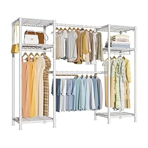 Ulif E7 Heavy Duty Garment Rack, Clothes Organizer and Storage Rack with Expandable Hangers, Metal Clothing Rack with 6 Wire Shelves, (52.3"-72") W x 14.5" D x 71.2" H, Load 838 LBS, White Ulif E7 Heavy Duty Garment Rack Clothes Organizer and Storage Rack with Expandable Hangers Metal Clothing Rack with 6 Wire Shelves 523 72 W x 145 D x 712 H Load 838 LBS White