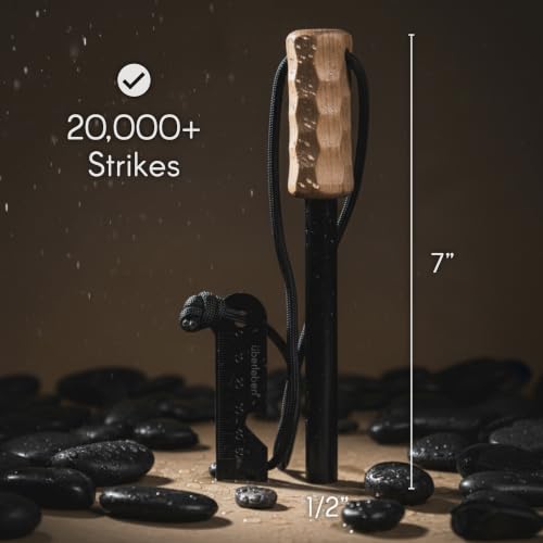 Überleben Kräftig Grip Ferro Rod Fire Starter for Survival w/Multi-Tool Fire Striker - 1/2" Thick Fire Steel, 20,000 Strikes - Waterproof Flint and Steel Camping Fire Starter w/Wood Handle, Lanyard - Image 5