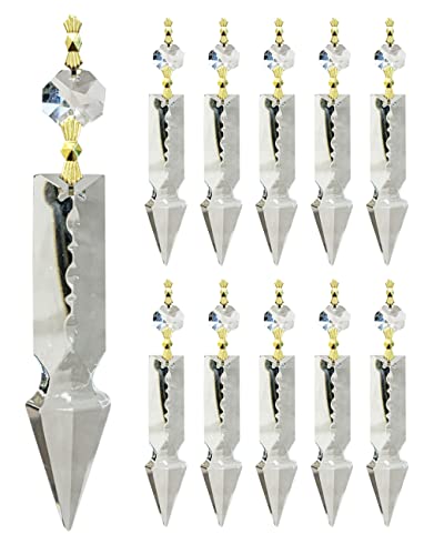 Royal Designs, Inc. Replacement Chandelier Clear Crystal Prism K9 Quality 4 Inch Arrowhead Spear Shape with Polished Brass Bow Connectors and Octagon Bead, Pack of 10