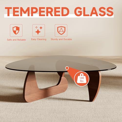Image of Modern Coffee Table for Living Room and Small Spaces, 35.6 inch x 25.4 inch x 15.8 inch Triangle Tempered Glass Table Top and Solid Wood Base, Walnut
