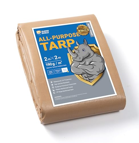 GUARD SHIELD Heavy Duty Tarpaulin Sheet 2x2m Beige/Khaki Tarp Multi Purpose UV Resistant Waterproof Ground Cover 195g/m