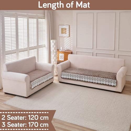 Image of HOKIPO 'BelleLace Series' Sofa Mat for 3 Seater and 2 Seater Sofa | Imperial Milk Velvet Sofa Cover with Lace Design | Mocha Brown (AR-5966+5964-BRN)