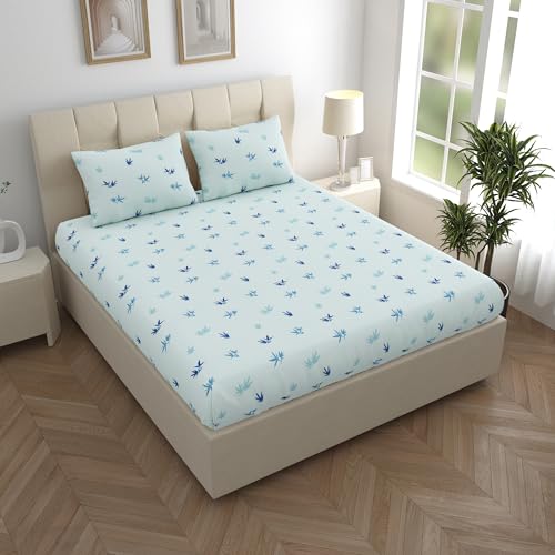LINENWALAS 100% Cotton Fitted Bed Sheet for King Size Bed, Printed All Around Elastic Bedsheet (72 x 78 Inches) with 2 Pillow Covers | 210 TC Soft, Breathable, Luxury Bedsheet (Blue Leaf)