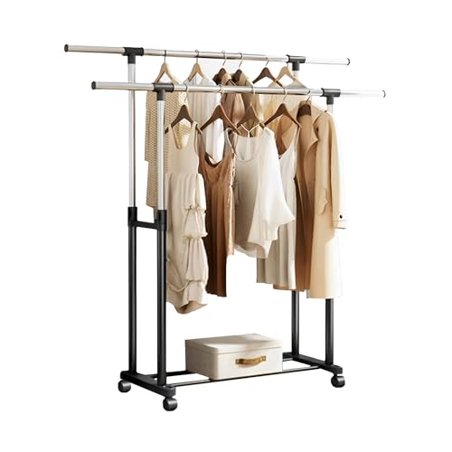 XOKOTAKI Appendiabiti Doppio. Appendiabiti da Terra con Ruote, Doppia Barra Superiore e Regolazione in Altezza. Supporto per Abiti Estensibile e Resistente. Perfetto per Corridoio e Casa.