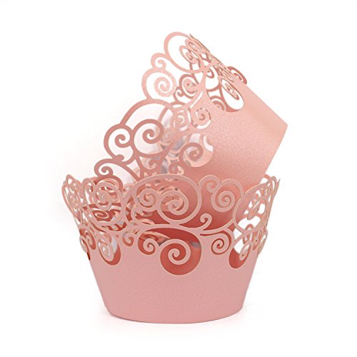 Kposiya Cupcake Wrappers 60 Filigree Artistic Bake Cake Paper Cups Little Vine Lace Laser Cut Liner Baking Cup Muffin Case Trays For Wedding Party Birthday Decoration (Pink) #TOP22