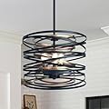 12.6" Farmhouse Chandeliers, 3-Light Industrial Metal with Retro Wood Texture Interior,Rustic Drum Pendant Hanging Light Fixture for Hallway/Foyer/Dining Room/Entryway/Kitchen
