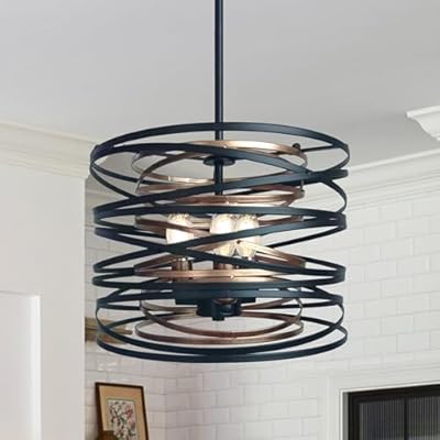 12.6" Farmhouse Chandeliers, 3-Light Industrial Metal with Retro Wood Texture Interior,Rustic Drum Pendant Hanging Light Fixture for Hallway/Foyer/Dining Room/Entryway/Kitchen