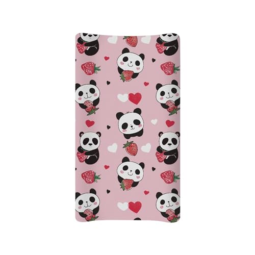 Image of Strawberry Panda Changing Pad Cover for Baby Girls Pink Diaper Change Table Covers Soft Stretchy Changing Mat Sheets Cover