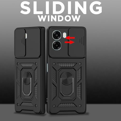 Image of Pikkme Back Cover for Oppo A6X 5G | 360 Protection Case | Sliding Camera Shield Cover & Ring Holder Stand D10 Tough Armor Bumper Case (Black)